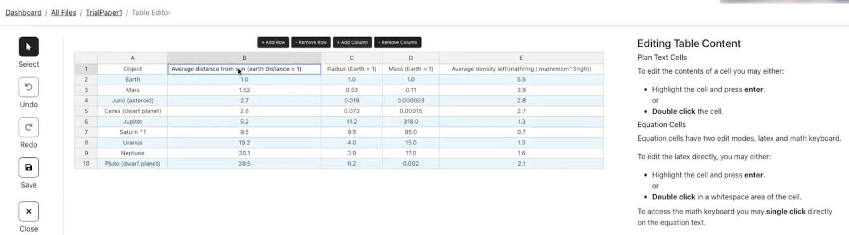 Table editor page for spreadsheet-like editing